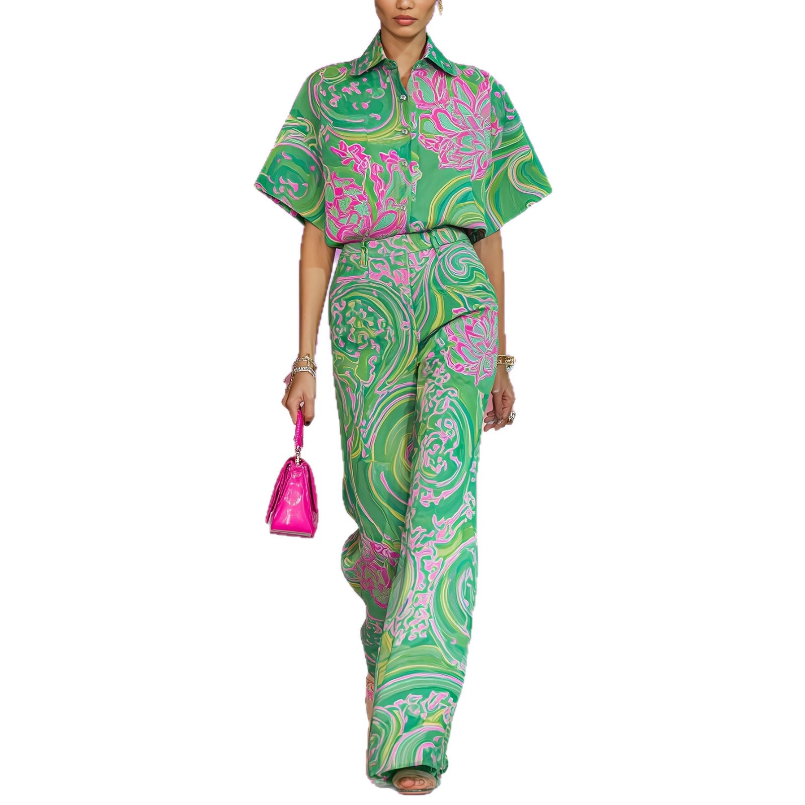 Casual Printed Lapel Short-sleeve Shirt And Straight-leg Trousers Set 5