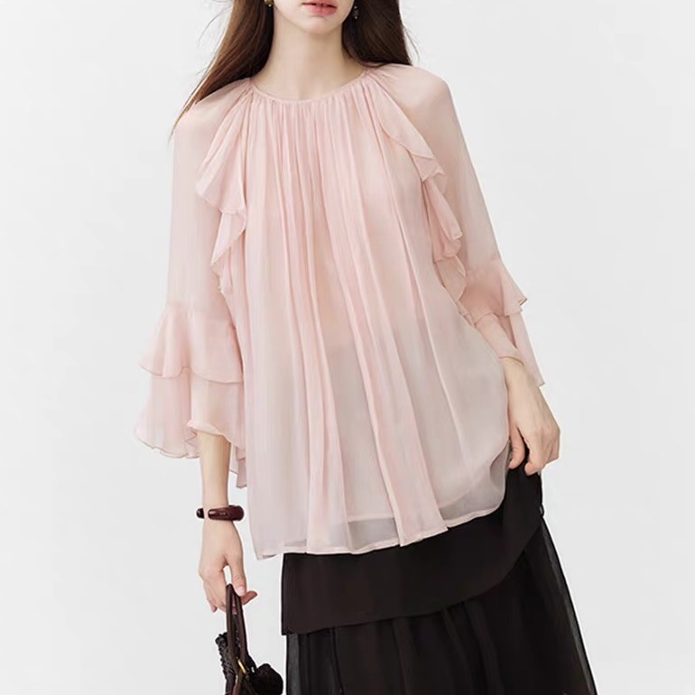 Womens Rayon Long-Sleeve Top With Lace Ruffle Trim