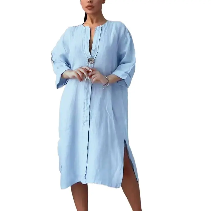 Round-neck Figure-flattering Buttoned Solid-color Long Dress