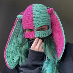 Handmade Knitted Pullover Rabbit Ear Hat Funny One-eye Exposed Mask Horn Hat Thermal And Windproof - Green And Purple - View 1
