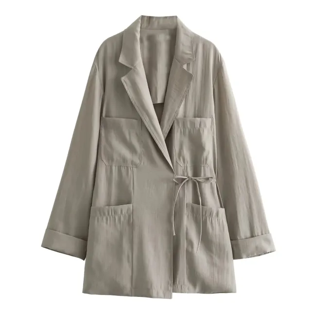 Simple Solid Color Wide Leg Trousers Women's Elegant Lace up Coat Khaki - Shop at LoveMi