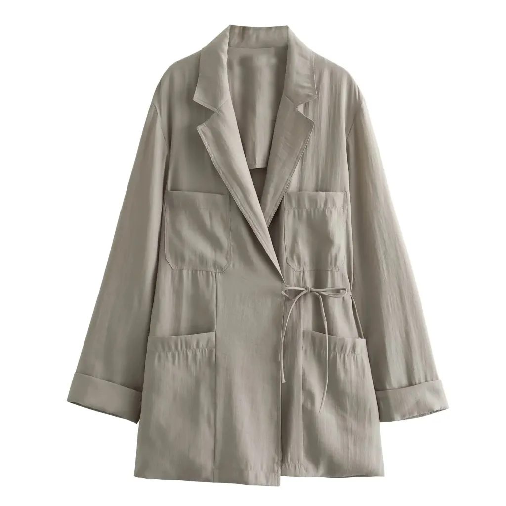 Simple Solid Color Wide Leg Trousers Women's Elegant Lace-up - Coat Khaki