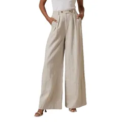 Leg Cotton And Linen Trousers Leisure Elastic High Waist Wide Leg Pants - Light Khaki - View 1