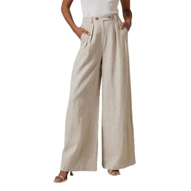 Leg Cotton And Linen Trousers Leisure Elastic High Waist Wide Leg Pants Light Khaki - Shop at LoveMi