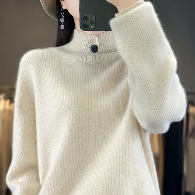 Women's Autumn And Winter Half high Collar Wool Sweater Pullover Beige - Shop at LoveMi