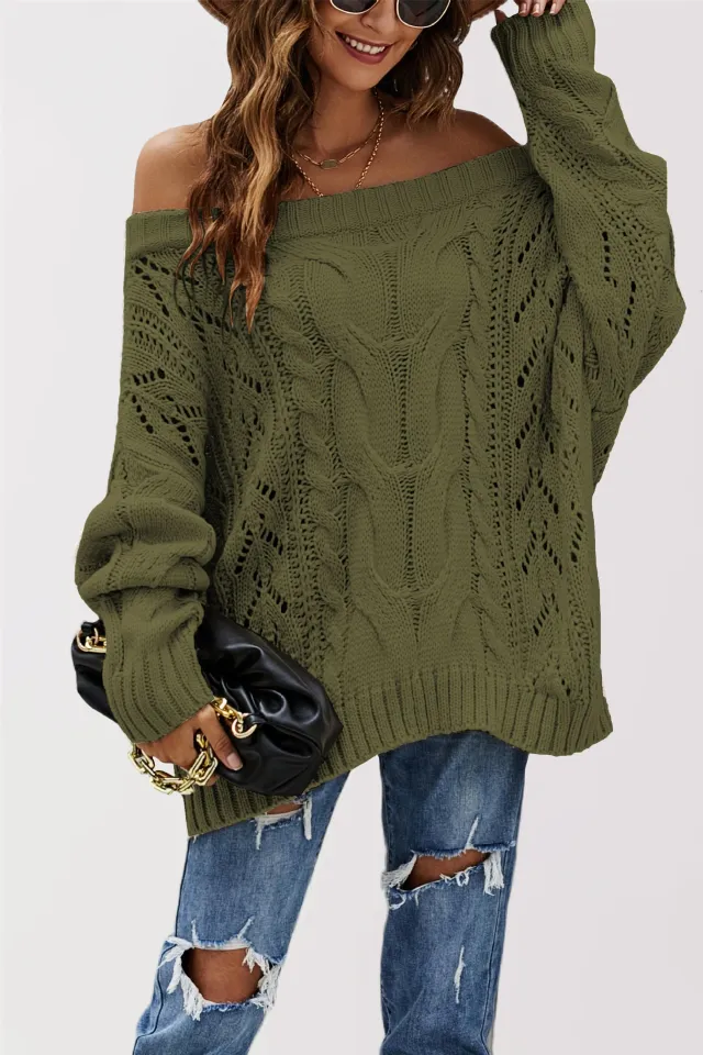 Strapless Plus Size Loose Off Shoulder Solid Color Pullover Sweater Green - Shop at LoveMi