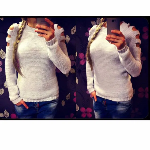 Women's Solid Color Round Neck Hollow out Long sleeved Knitted Bottoming Shirt White - Shop at LoveMi