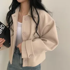 Single-breasted Loose Small Woolen Short Coat - Apricot - View 1