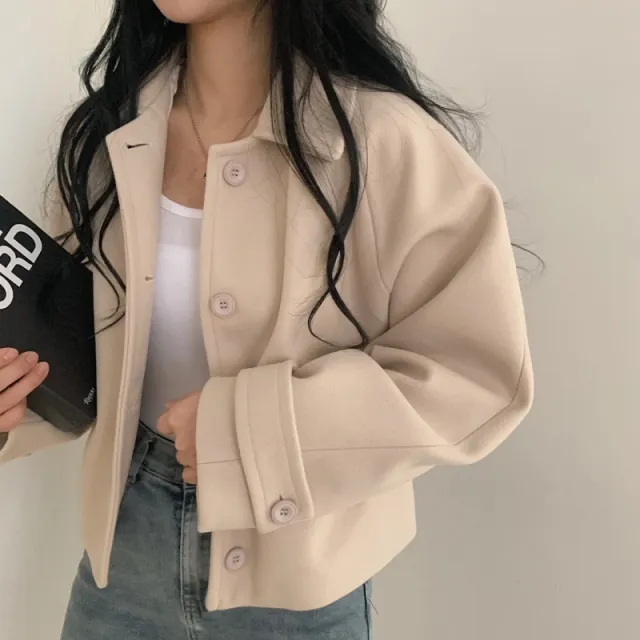 Single breasted Loose Small Woolen Short Coat Apricot - Shop at LoveMi