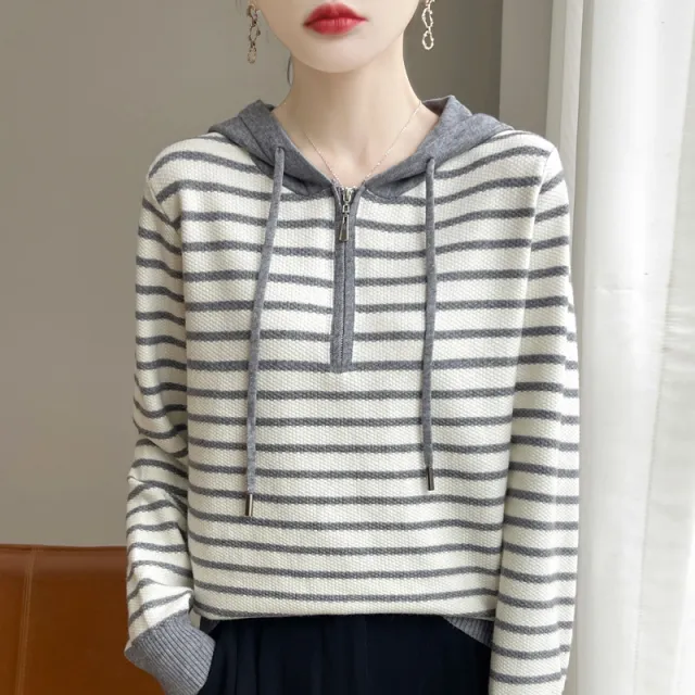Women's Striped Hooded Long sleeved Knitted Sweater Gray - Shop at LoveMi