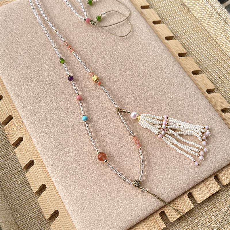 Crystal Beads Necklace Beeswax Pendant Rope