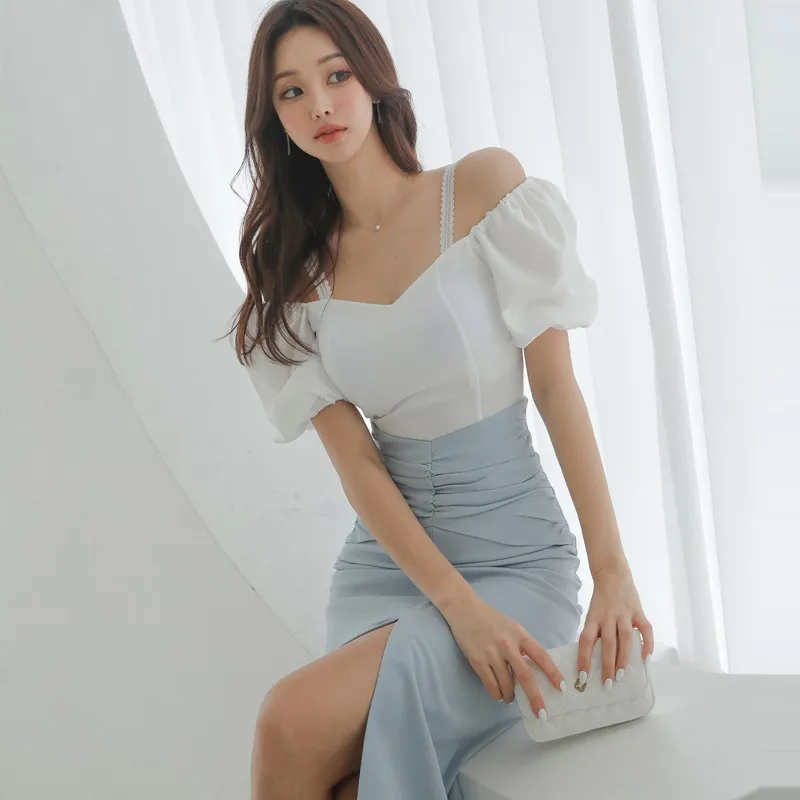 Off-shoulder Hip Skirt Waist Slit Two-piece Set - Picture Color Suit-Xl