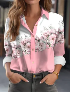 Women's Color Matching Printed Long-sleeved Lapel Button Shirt - 3V5Yy61-7Xl - View 1