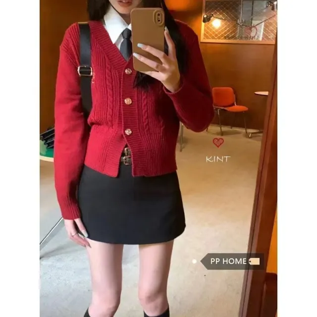 Preppy Style V neck Slim Fit Warm Sweater Red - Shop at LoveMi