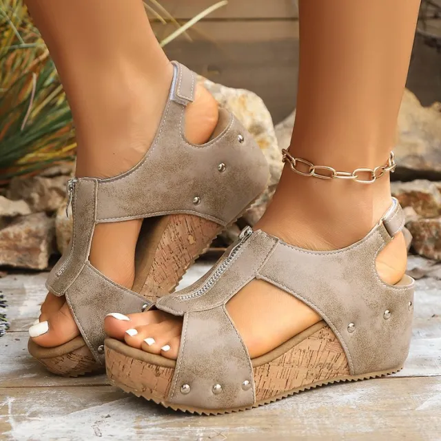 Summer Zipper Wedges Sandals Women's Lightweight Height Increasing Shoes Fashion Casual Sandals Beige - Shop at LoveMi