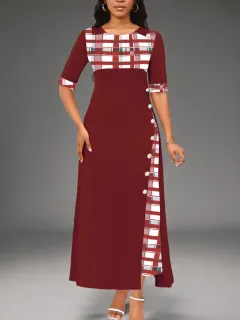 Round Neck Contrast Medium Sleeve Long Dress - Wine Red - View 1