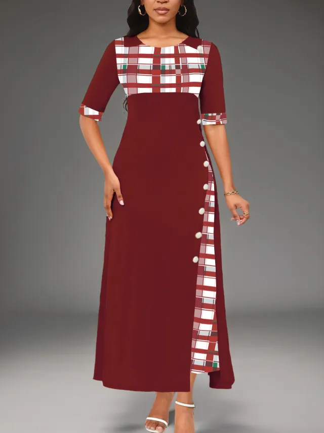 Round Neck Contrast Medium Sleeve Long Dress Wine - Shop at LoveMi