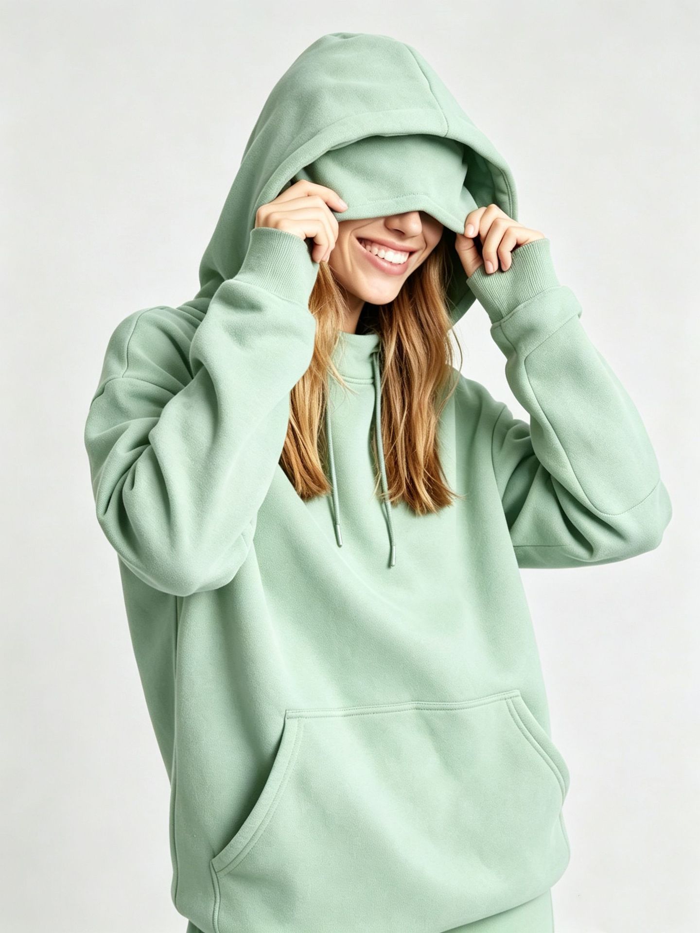 Women's loose-fit hooded sweatshirt layering look