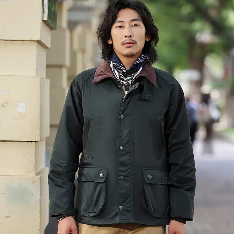 Men's Field Jacket with Corduroy Collar and Plaid Lining