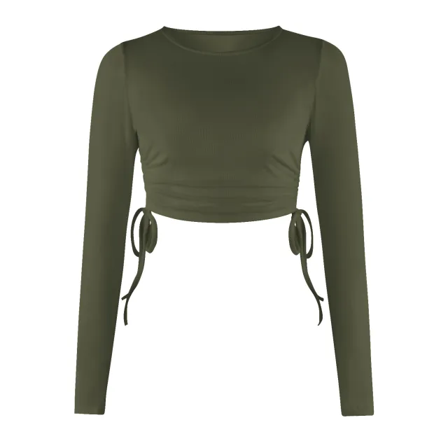 Drawstring Round Neck Long Sleeve Cropped T shirt Thread Top Gstj125 L - Shop at LoveMi