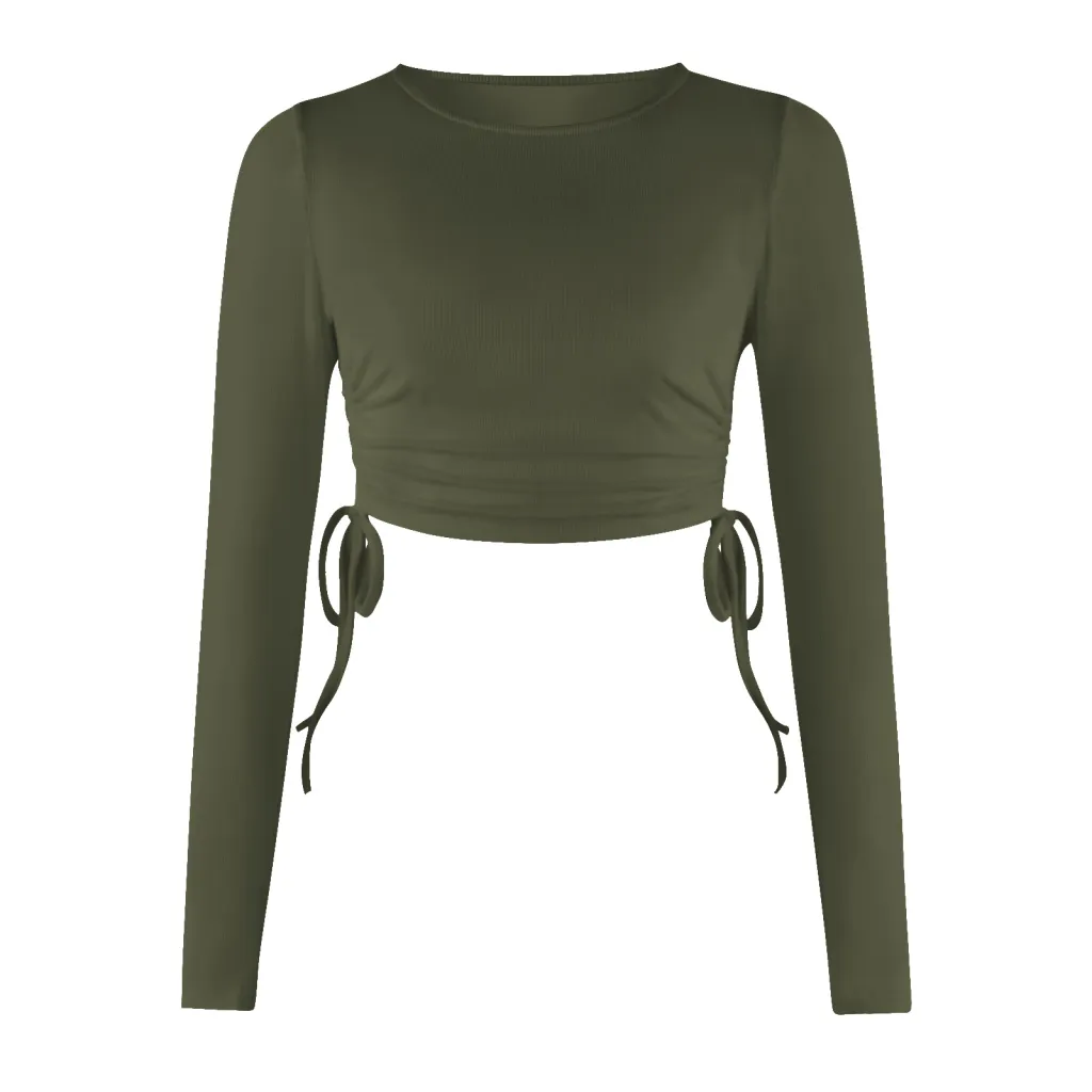 Drawstring Round Neck Long Sleeve Cropped T-shirt Thread Top - Gstj125-L