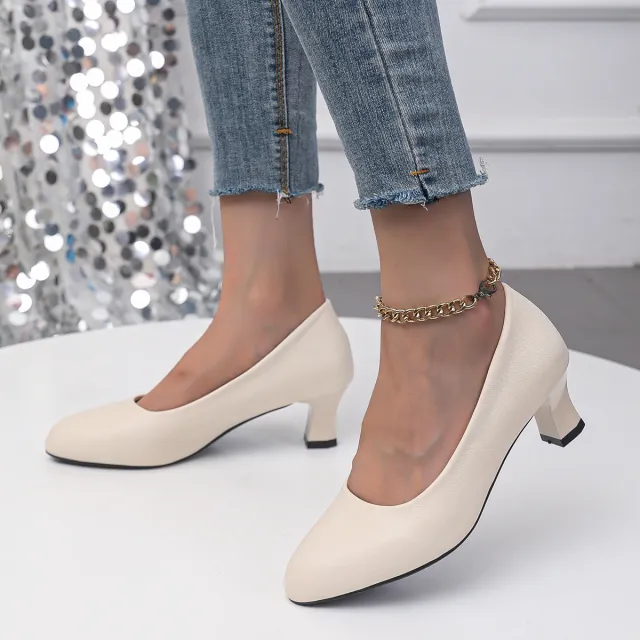 Chunky Heel Not Tired Feet High Heels Small Leather Shoes Apricot - Shop at LoveMi