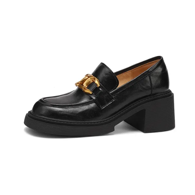 Sheepskin Preppy Style Metal Buckle High Heel Loafers Women Black - Shop at LoveMi
