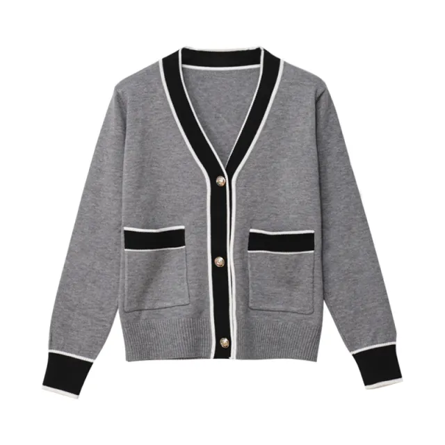 Simple Knitting Cardigan For Women Contrast Color V neck Loose Sweater Coat Gray - Shop at LoveMi