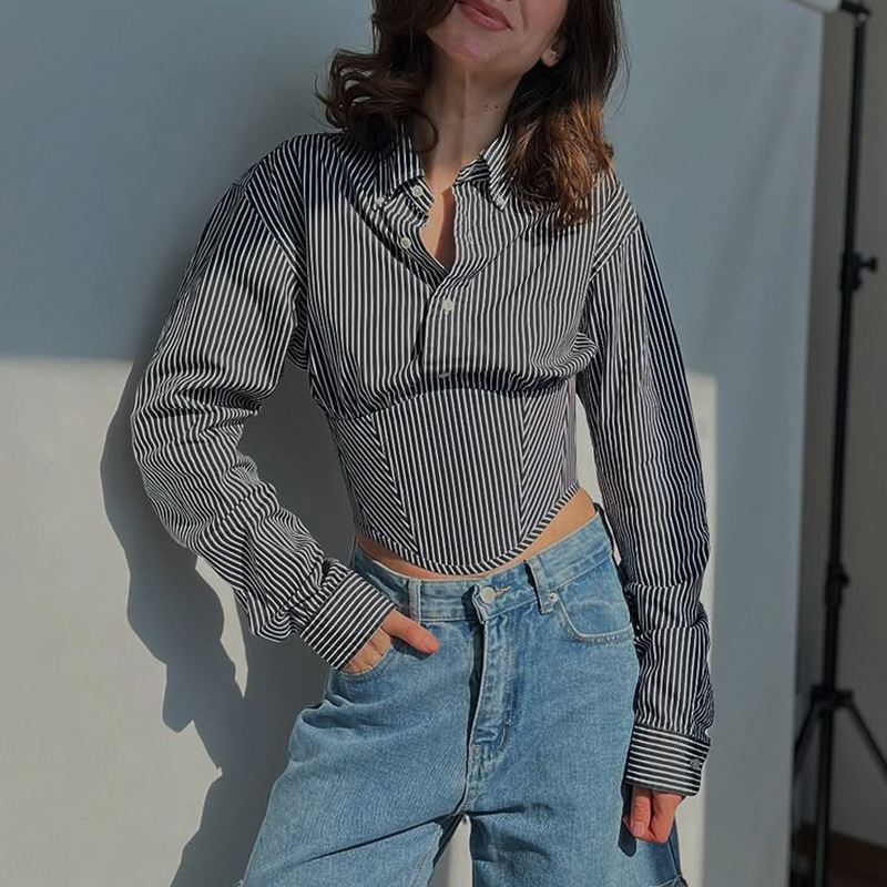 Striped Lapel Fitted Waist Short-length Long Sleeves