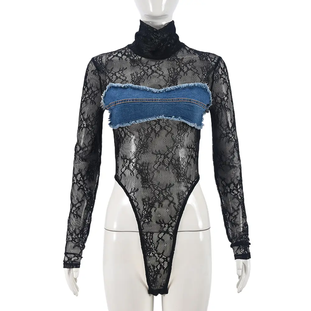 Sexy Long Sleeve Turtleneck See-through Denim Lace Color Matching Jumpsuit