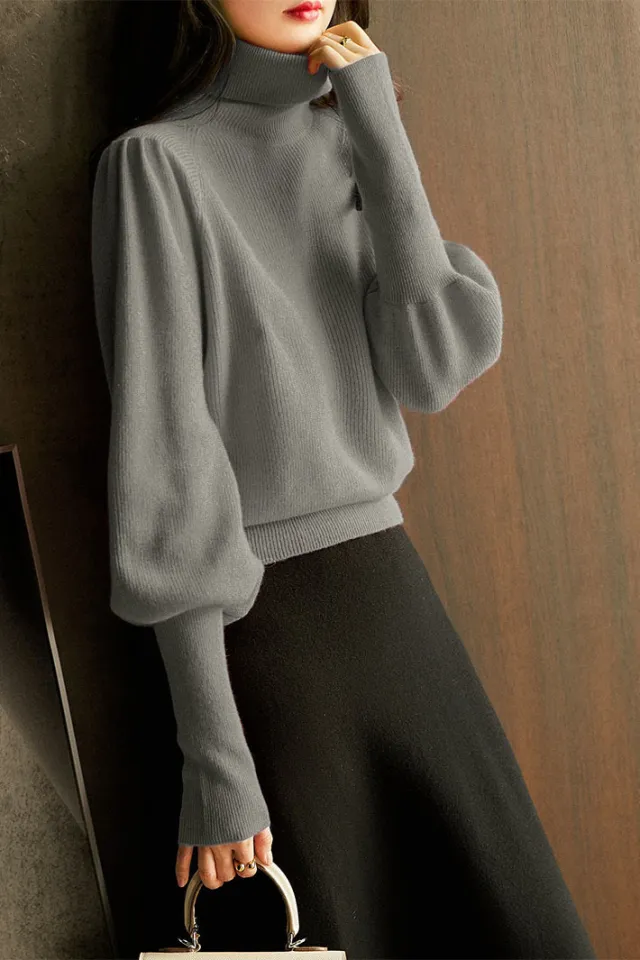 Women's Turtleneck Puff Sleeve Classic Slimming Knitted Top Gray - Shop at LoveMi