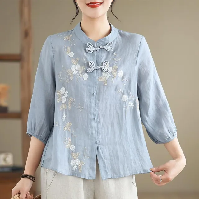 Knots Embroidered Women's Three quarter Sleeve Cotton And Linen Top Blue - Shop at LoveMi