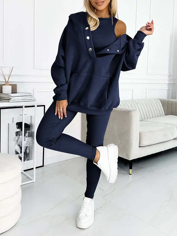 Casual Hooded Sweater Thickened Thread Fitted Vest Pants Three piece Set Three Piece Set Deep Blue - Shop at LoveMi