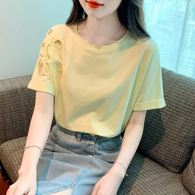 Hollow Embroidered Design Summer New Pure Cotton Short Sleeve T-shirt - Bright Yellow