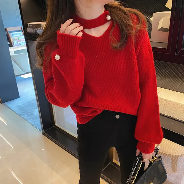 Pearl Buckle Loose Korean Style Autumn And Winter Pullover Sweater Red - Shop at LoveMi