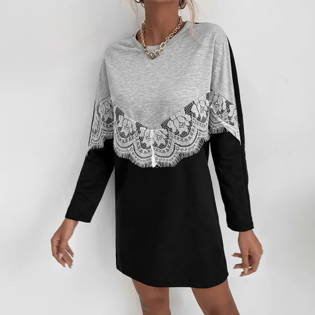 Women's Casual Crew neck Long sleeve Color block Sweatshirt Dress Gray - Shop at LoveMi
