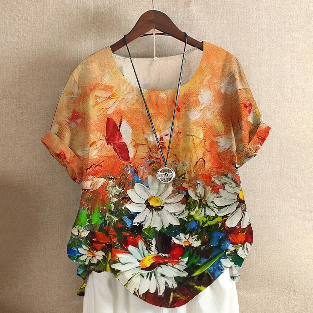 Short-sleeved T-shirt Flower And Plant Painting Printed Women's Loose Top - J28Tr1Gd23201Ct-M