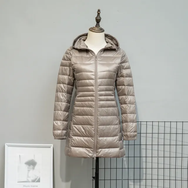 Autumn And Winter Lightweight Down Jacket Women's Mid length Plus Size Hooded Slim Fit Oversized Coat Khaki - Shop at LoveMi