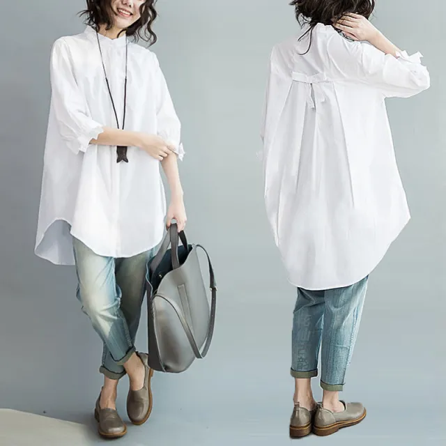 Loose Half Sleeve Bow Casual BF Big Women's Size Cotton And Linen White White - Shop at LoveMi