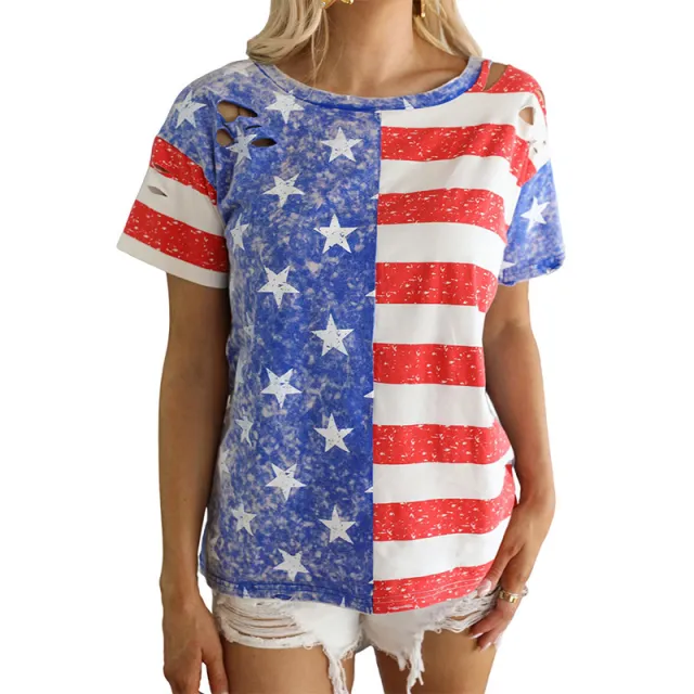Women's Independence Day Printed Loose Round Neck Ripped Hollow Short Sleeve Stripes L - Shop at LoveMi
