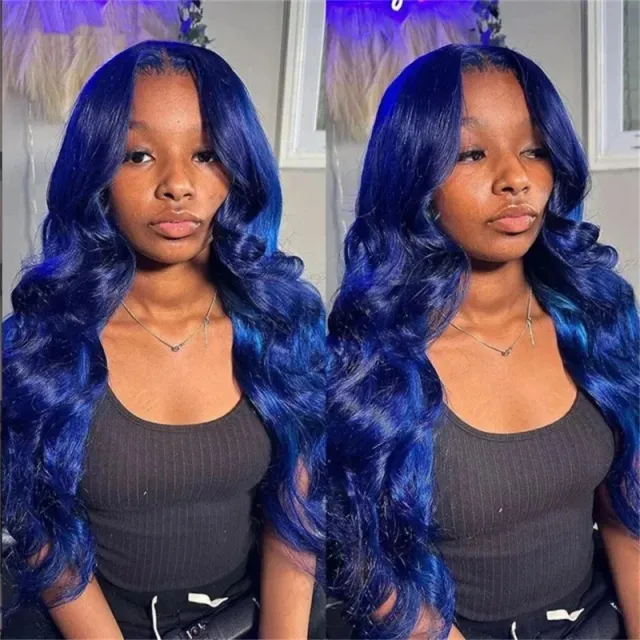 Wig Women's Mid length Dark Blue Big Wavy Curly Hair Front Lace Hair Cover 16 Inches - Shop at LoveMi