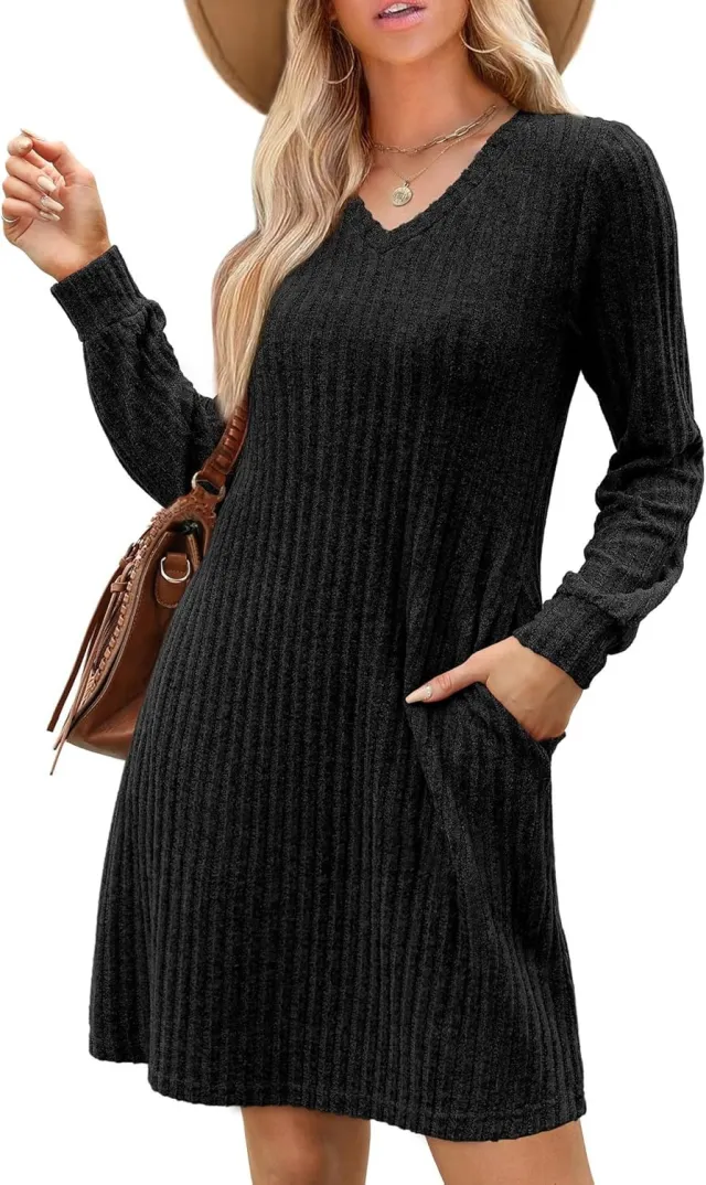 V neck Pocket Sunken Stripe Brushed Long Sleeve Leisure Dress Black - Shop at LoveMi