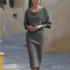 Fashionable Pleated Batwing Sleeve Midi Dress - Grey - View 1