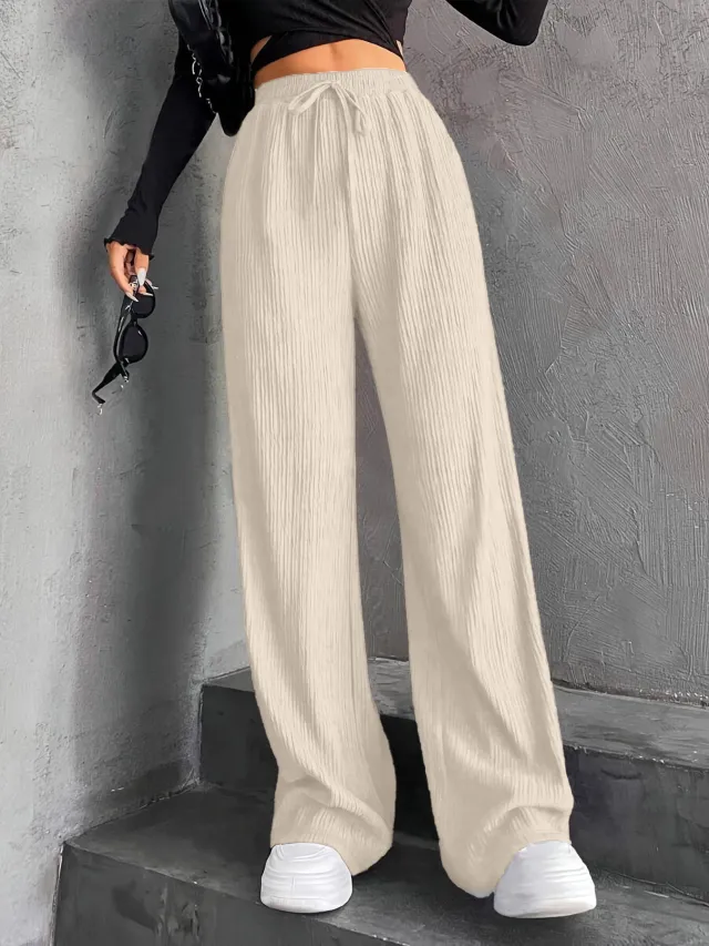 New Women's Elastic Waist Pinstripe Road Straight Wide Leg Beige - Shop at LoveMi