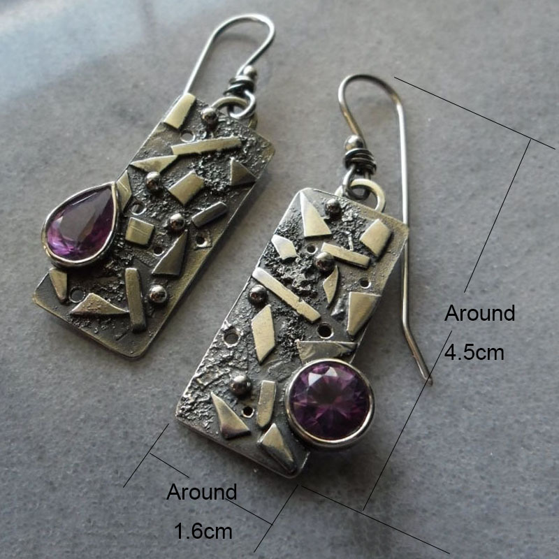 Vintage Carved Geometric Square Water Drop Amethyst Earrings