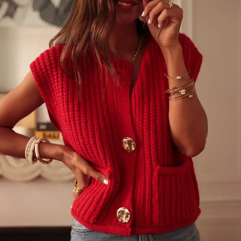 Solid-Color Textured Knitted Waistcoat with Side Pockets and Buttons