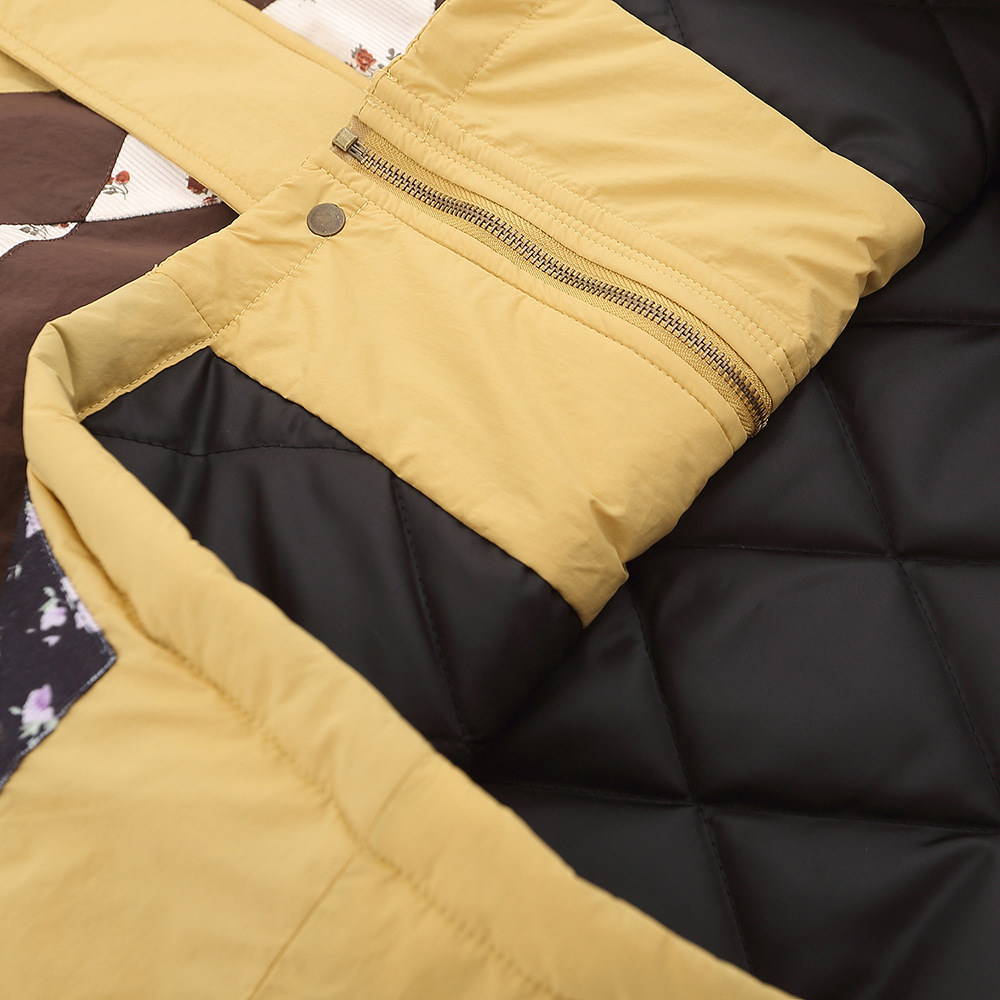 Vintage Winter Color Contrast Patchwork Floral Turn-down Collar Coat