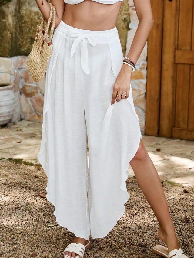 Beach Sun Protection Clothing Sexy Lace up Wide Leg Pants White - Shop at LoveMi