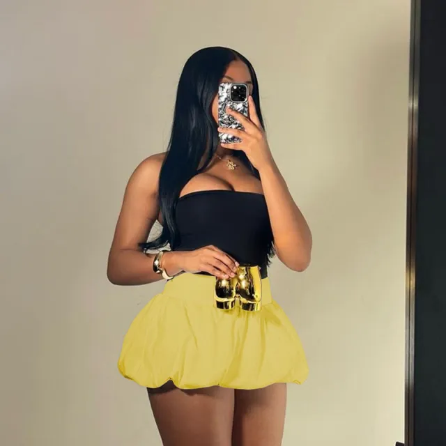 Pure Color All matching Puffy High Waist Ultra Short Skirt Yellow - Shop at LoveMi