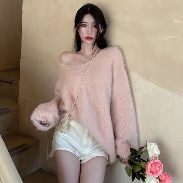 Idle Style V neck Mink Fur Pullover Women's Mid length Sweater Pink - Shop at LoveMi